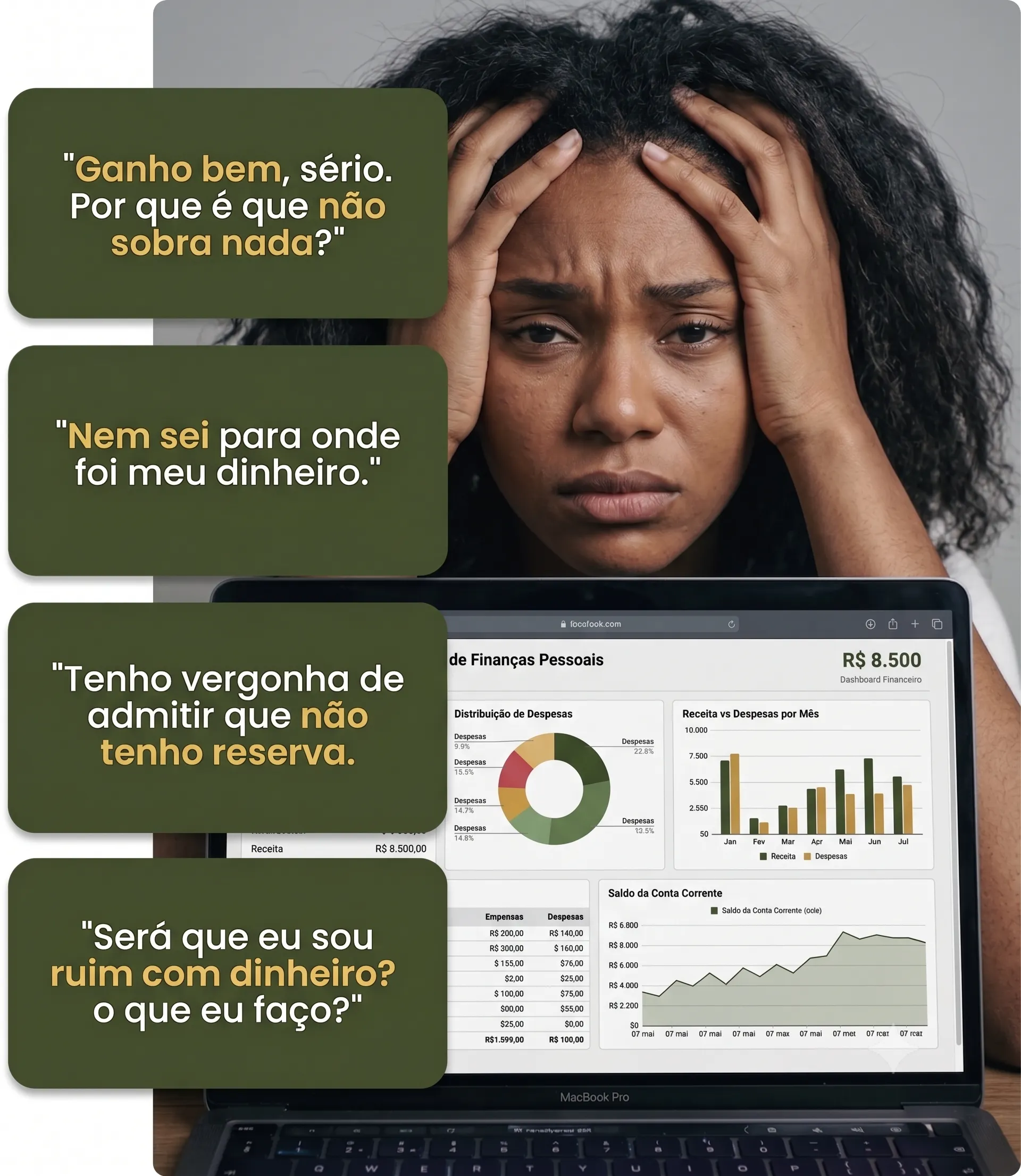Mulher preocupada com os gastos do mês